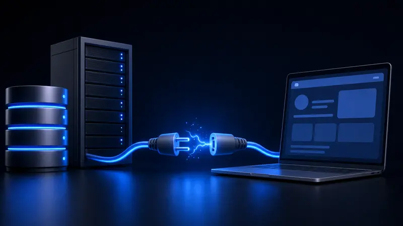 Datenbank-Server und Laptop, verbunden über ein leuchtendes Kabel, dessen getrennter Stecker gerade wieder eingesteckt wird