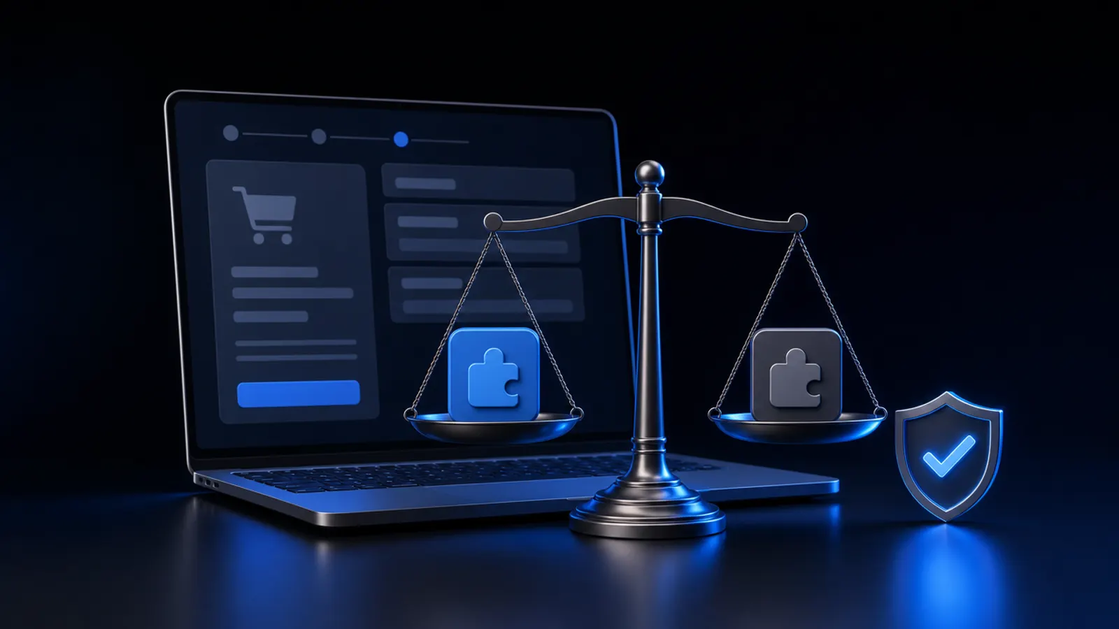 Laptop mit Shop-Checkout, davor eine Waage mit zwei Plugin-Bausteinen im Gleichgewicht und ein Schild mit Häkchen