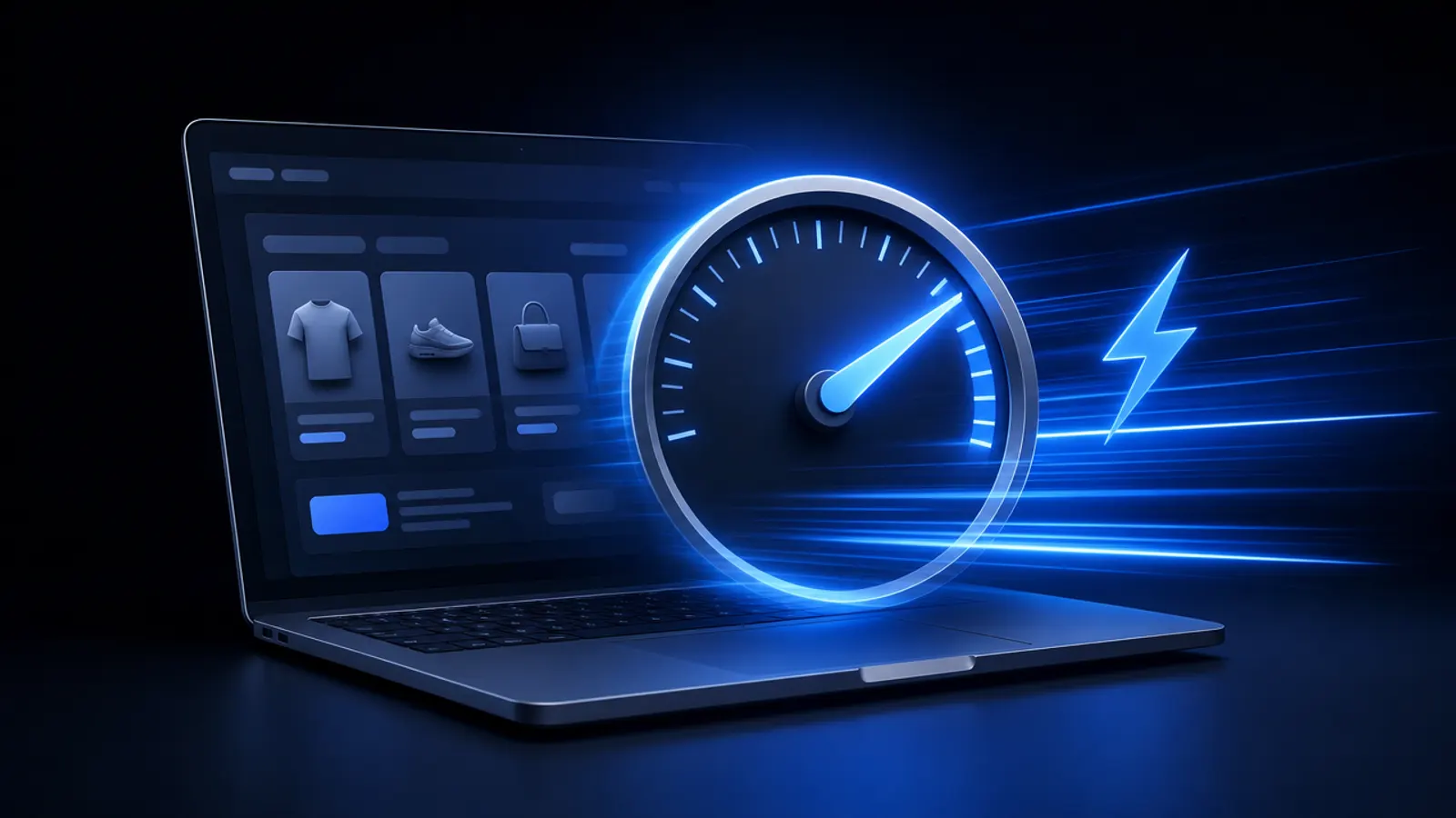 Laptop mit Online-Shop, davor ein Tachometer mit der Nadel im schnellen Bereich und blaue Lichtspuren
