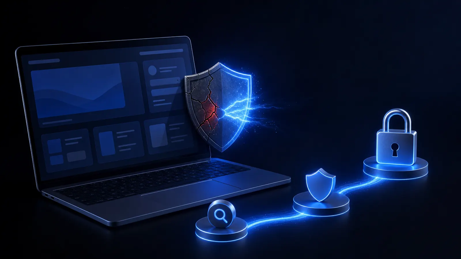 Laptop mit Website-Dashboard, daneben ein gesprungener Schutzschild, der von blauem Licht repariert wird, und drei leuchtende Stufen bis zu einem geschlossenen Schloss