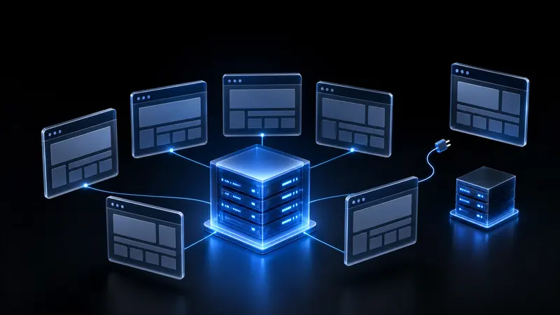 Ein zentraler Server, über Lichtlinien mit sechs Website-Fenstern verbunden; ein siebtes Fenster ist mit gezogenem Stecker abgelöst und steht neben einem eigenen kleinen Server