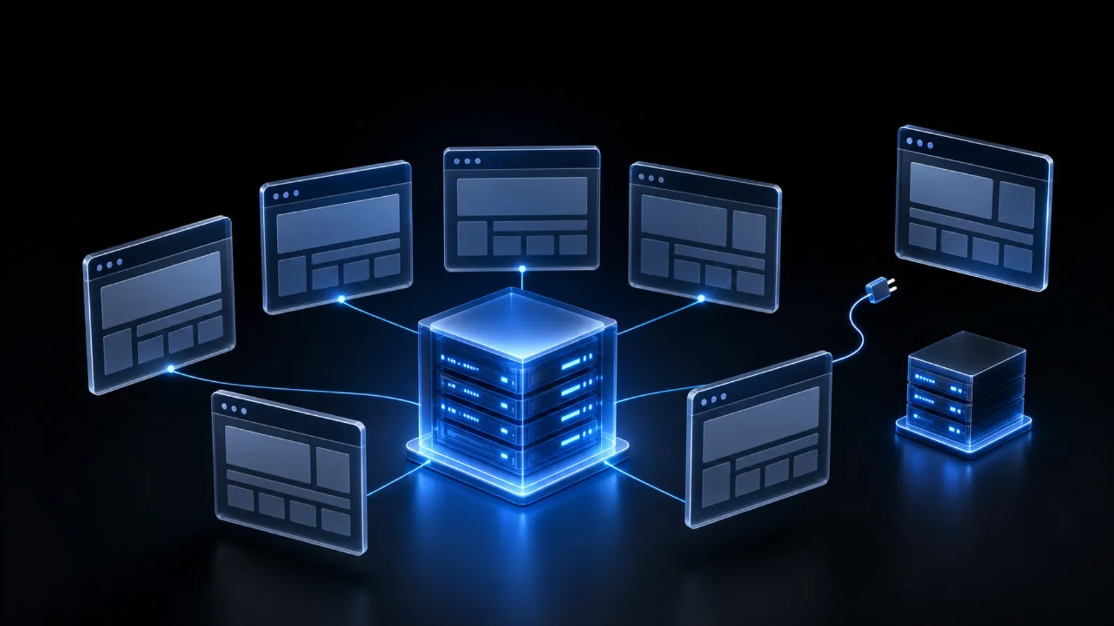 Ein zentraler Server, über Lichtlinien mit sechs Website-Fenstern verbunden; ein siebtes Fenster ist mit gezogenem Stecker abgelöst und steht neben einem eigenen kleinen Server