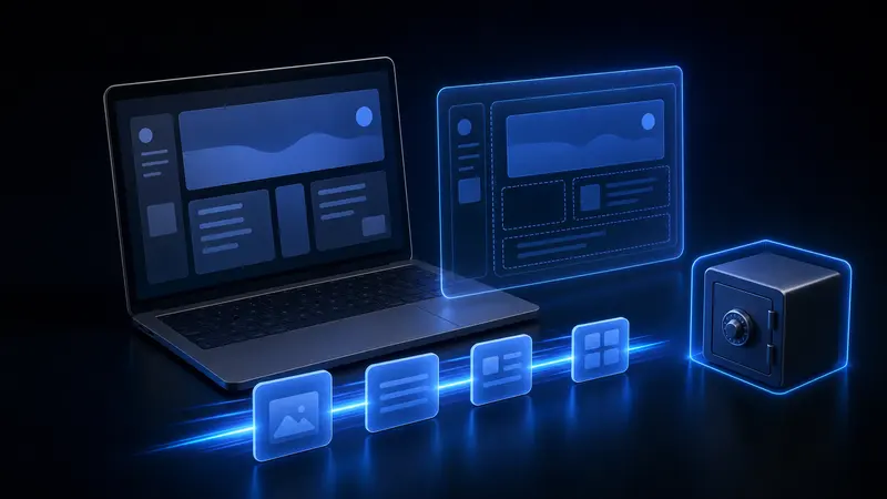 Laptop mit Website, daneben eine durchscheinende Kopie als Staging-Umgebung, Update-Bausteine auf einer leuchtenden Bahn und ein Tresor als Backup